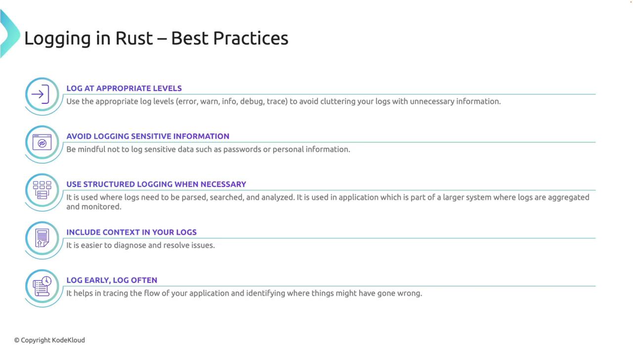 The image outlines best practices for logging in Rust, including using appropriate log levels, avoiding sensitive information, using structured logging, including context, and logging early and often.