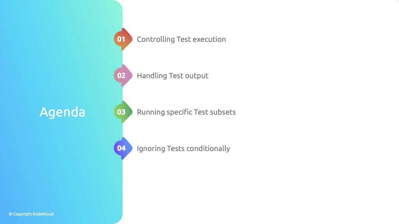 The image is an agenda slide with a gradient blue background on the left and a list of four items on the right: "Controlling Test execution," "Handling Test output," "Running specific Test subsets," and "Ignoring Tests conditionally."
