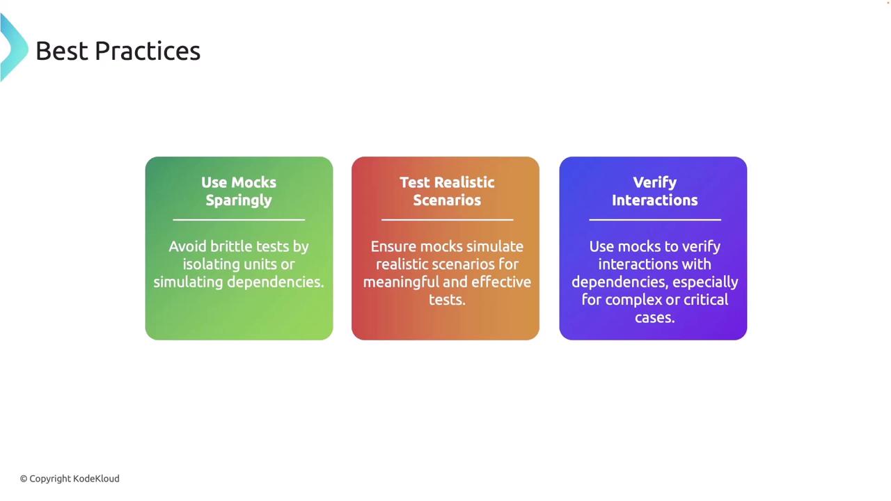 The image presents three best practices for using mocks in testing: "Use Mocks Sparingly," "Test Realistic Scenarios," and "Verify Interactions," each with a brief explanation.