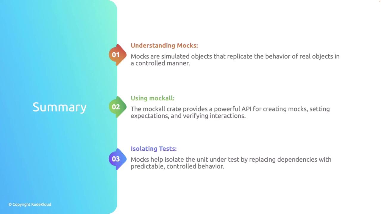 The image is a summary slide outlining three points about mocks: understanding mocks, using the mockall crate, and isolating tests. It features a gradient background with numbered sections.