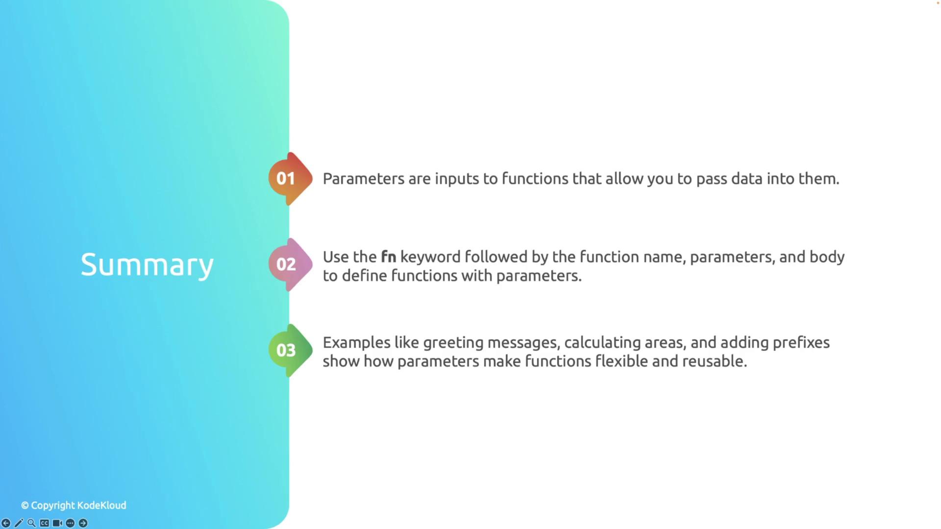 The image is a summary slide with three points about function parameters, including their role, how to define them, and examples of their use. It features a gradient background and numbered markers for each point.