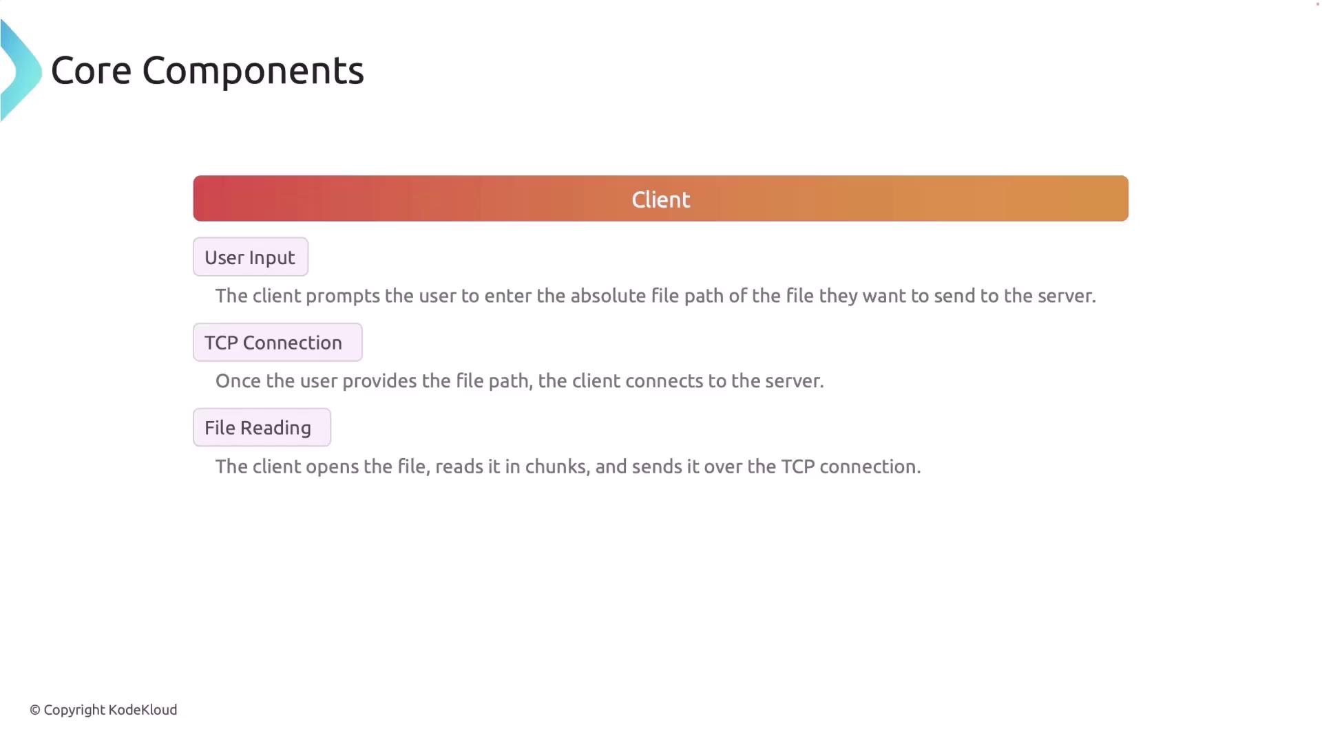 The image outlines the core components of a client system, detailing user input, TCP connection, and file reading processes.