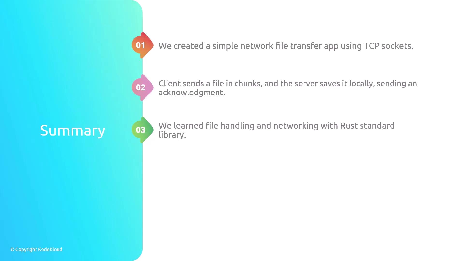 The image is a summary slide outlining the creation of a network file transfer app using TCP sockets, detailing the process of file transfer in chunks, and learning file handling and networking with Rust.