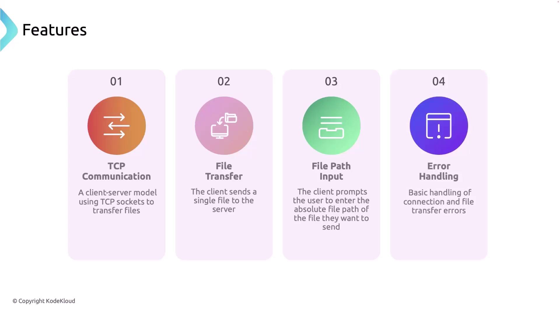 The image outlines four features: TCP Communication, File Transfer, File Path Input, and Error Handling, each with a brief description.