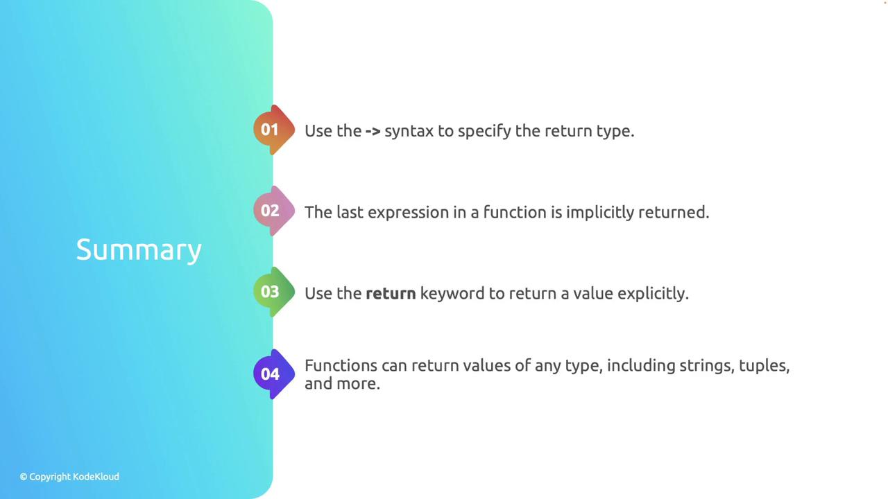 The image is a summary of key points about function return types, including using syntax to specify return types, implicit and explicit returns, and the ability to return various data types.