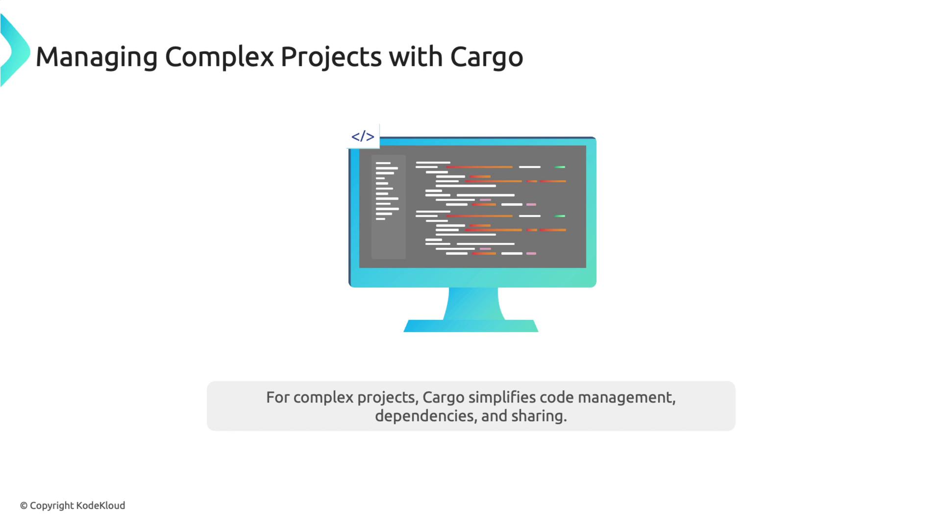 The image shows a computer monitor displaying code, with text about managing complex projects using Cargo to simplify code management, dependencies, and sharing.
