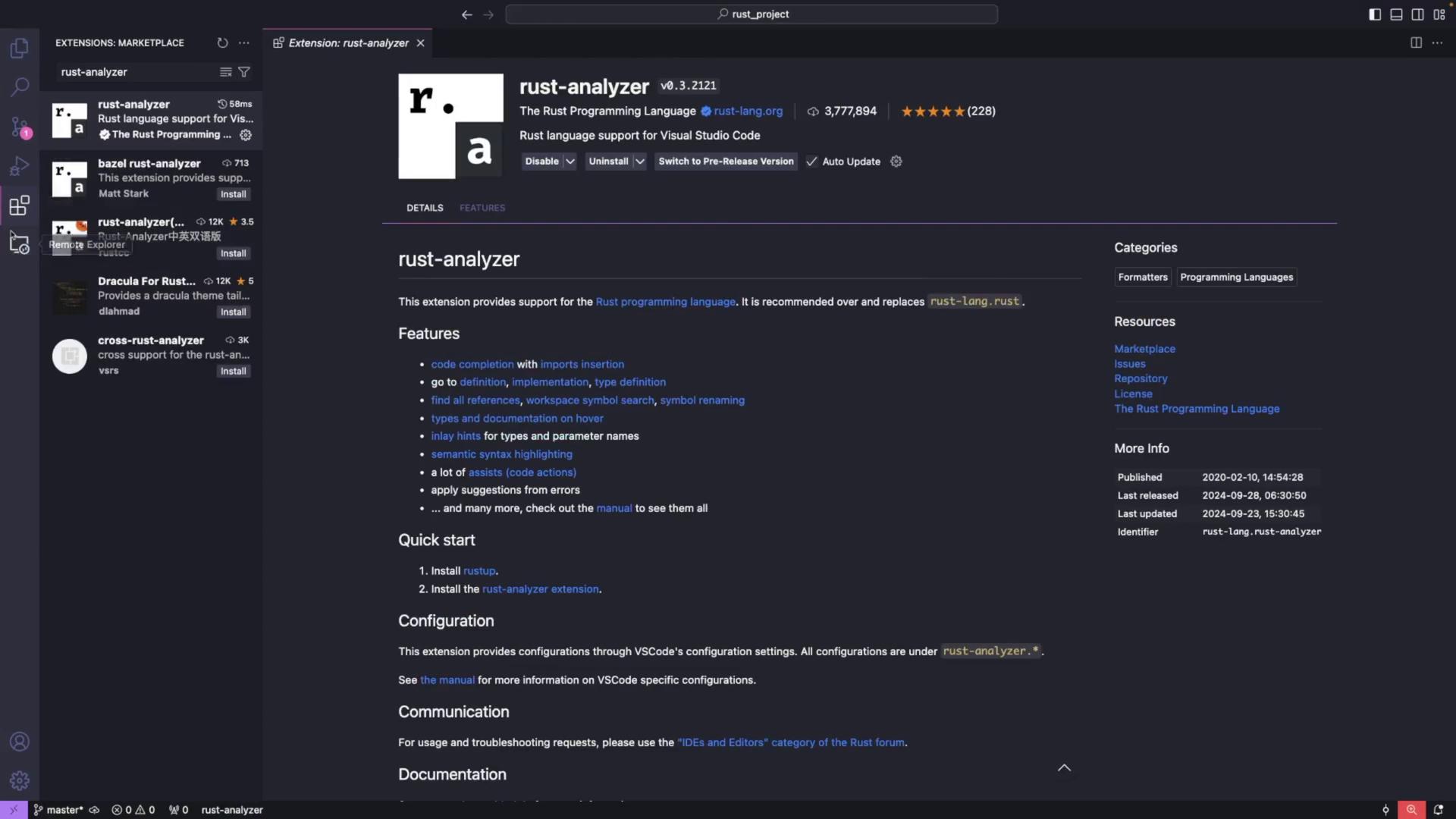 The image shows the Visual Studio Code marketplace page for the "rust-analyzer" extension, detailing its features, configuration, and additional resources.