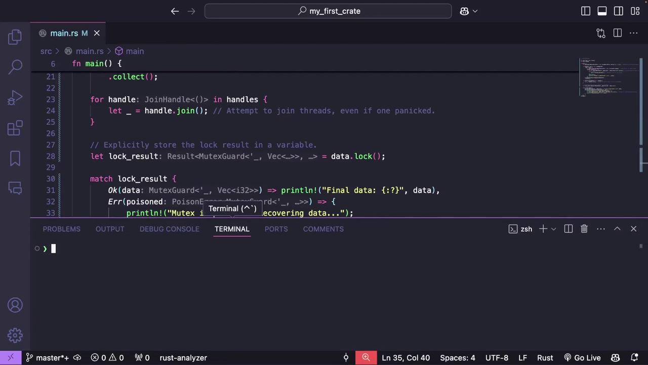 The image shows a code editor with Rust programming code, focusing on thread handling and mutex locking. The terminal section is open at the bottom of the editor.