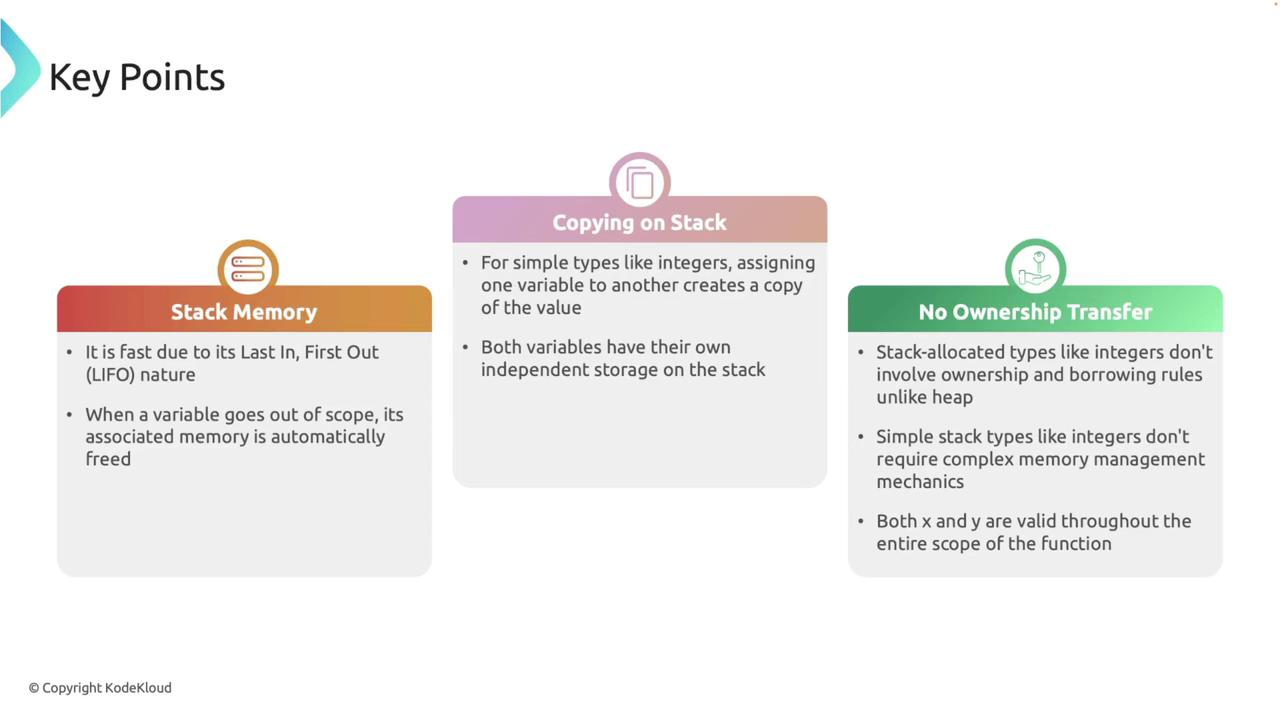 The image is an infographic titled "Key Points" that explains concepts related to stack memory, copying on stack, and no ownership transfer, highlighting aspects like LIFO nature, independent storage, and memory management.