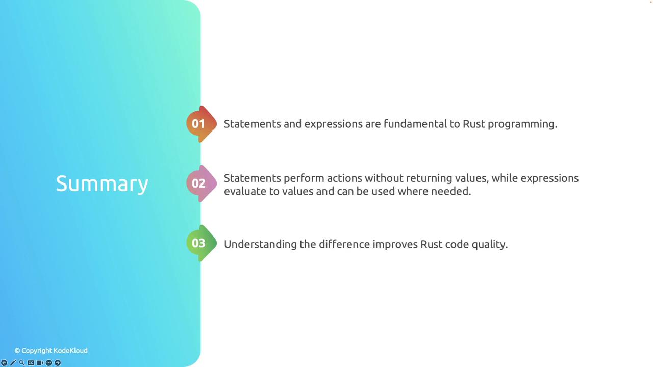 The image is a summary slide about Rust programming, highlighting the importance of understanding statements and expressions, their differences, and how this knowledge improves code quality.