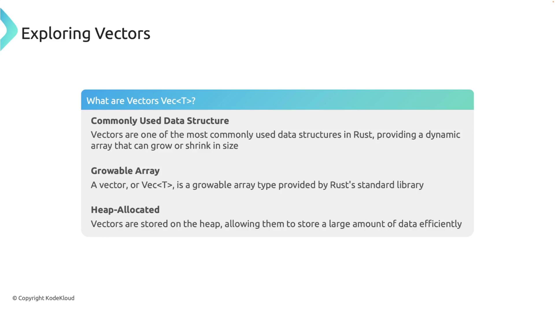 The image is a slide titled "Exploring Vectors," explaining that vectors in Rust are commonly used, growable, heap-allocated data structures.