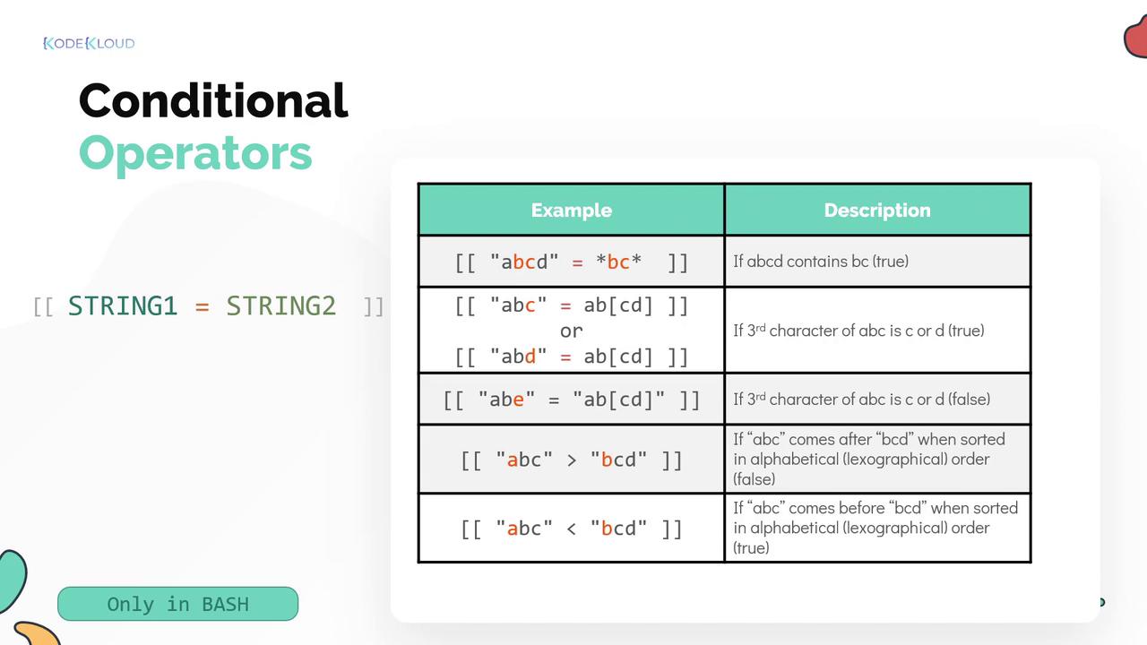The image explains conditional operators in Bash, showing examples and descriptions of string comparisons and pattern matching.