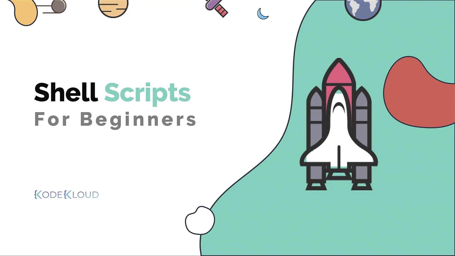The image is a cover for "Shell Scripts for Beginners" by KodeKloud, featuring a rocket illustration and abstract shapes.