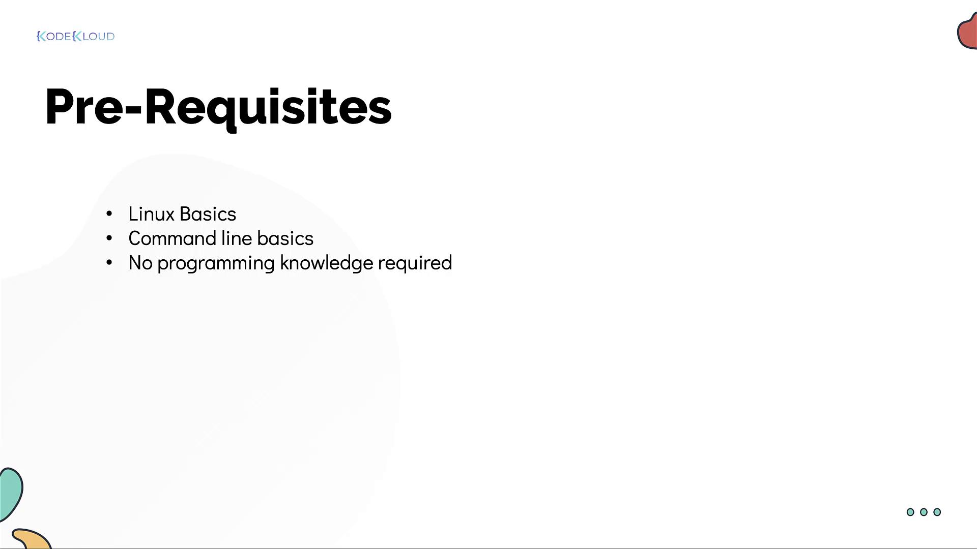 The image lists prerequisites for a course: Linux basics, command line basics, and no programming knowledge required.