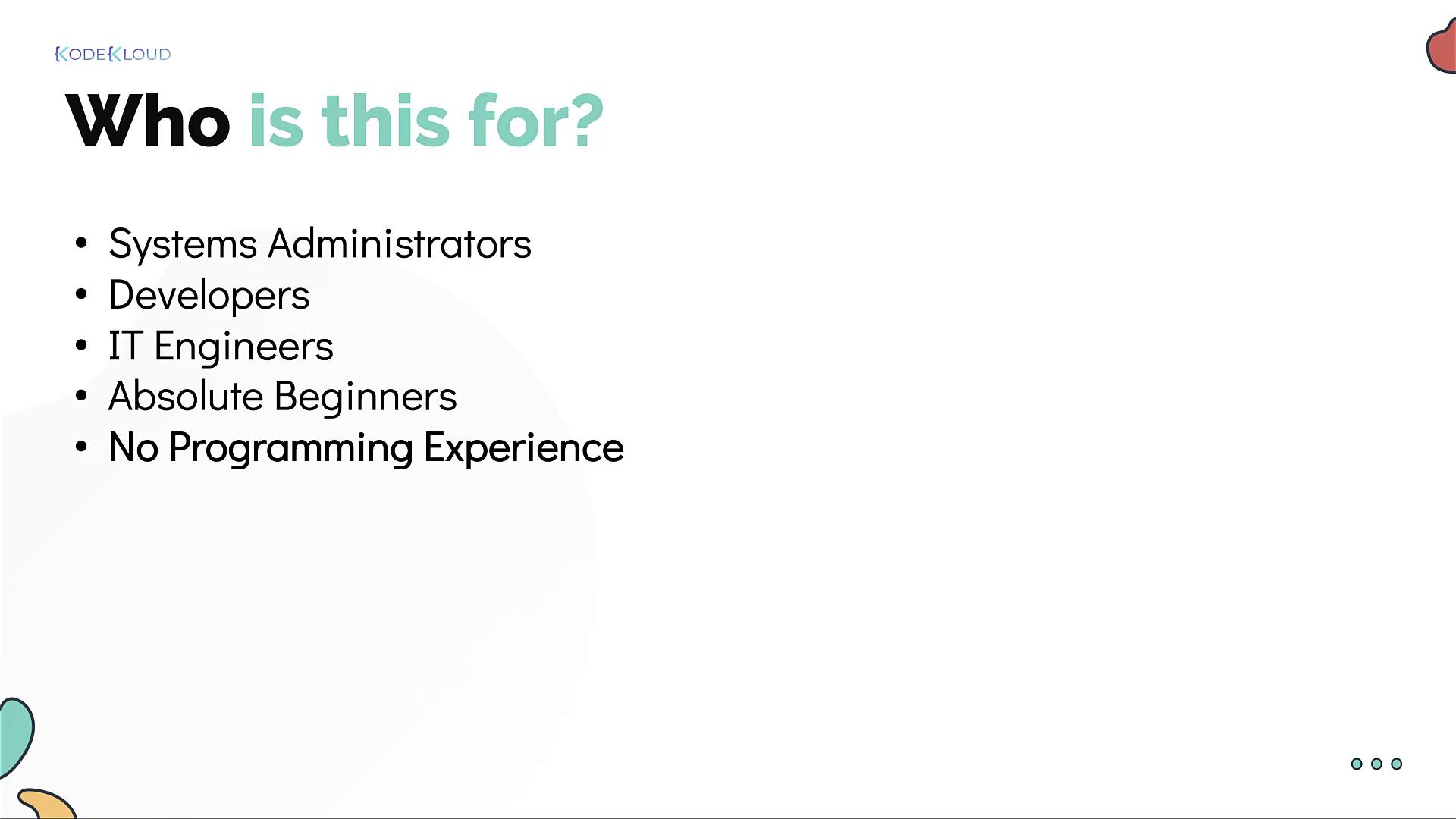 The image lists target audiences: systems administrators, developers, IT engineers, absolute beginners, and those with no programming experience.
