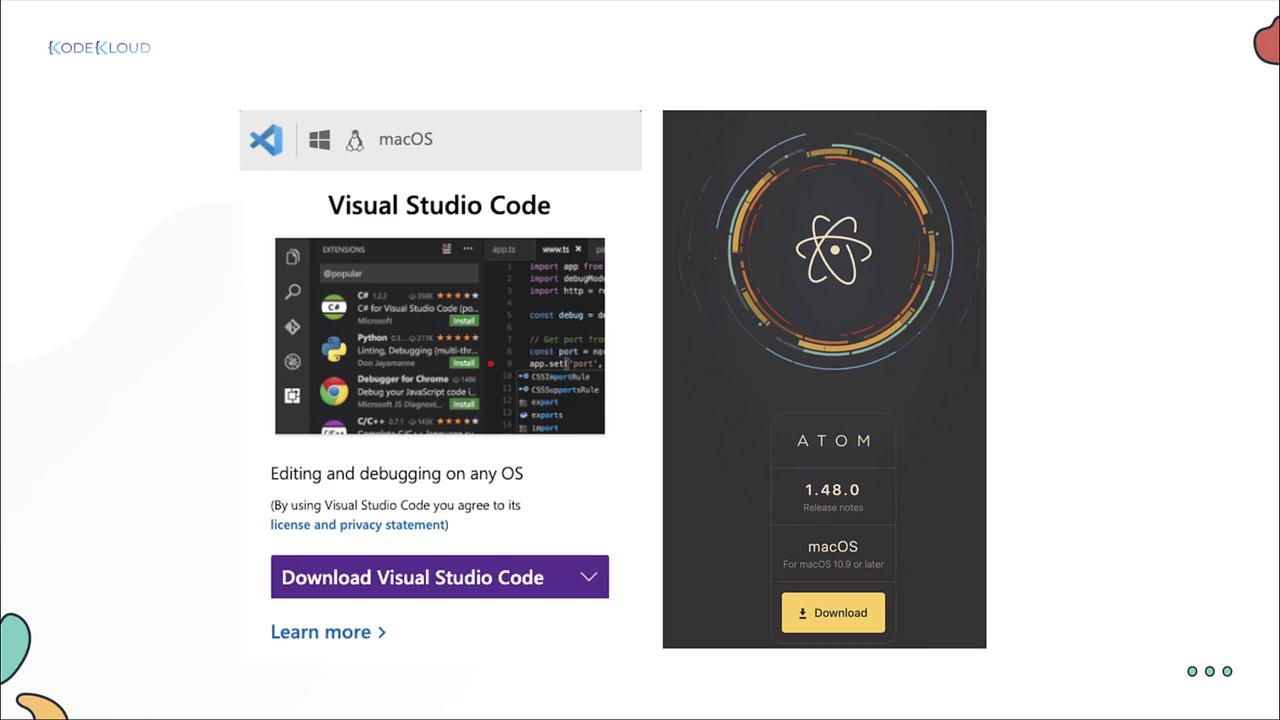 The image compares Visual Studio Code and Atom, showcasing download options for macOS, with a focus on editing and debugging features.
