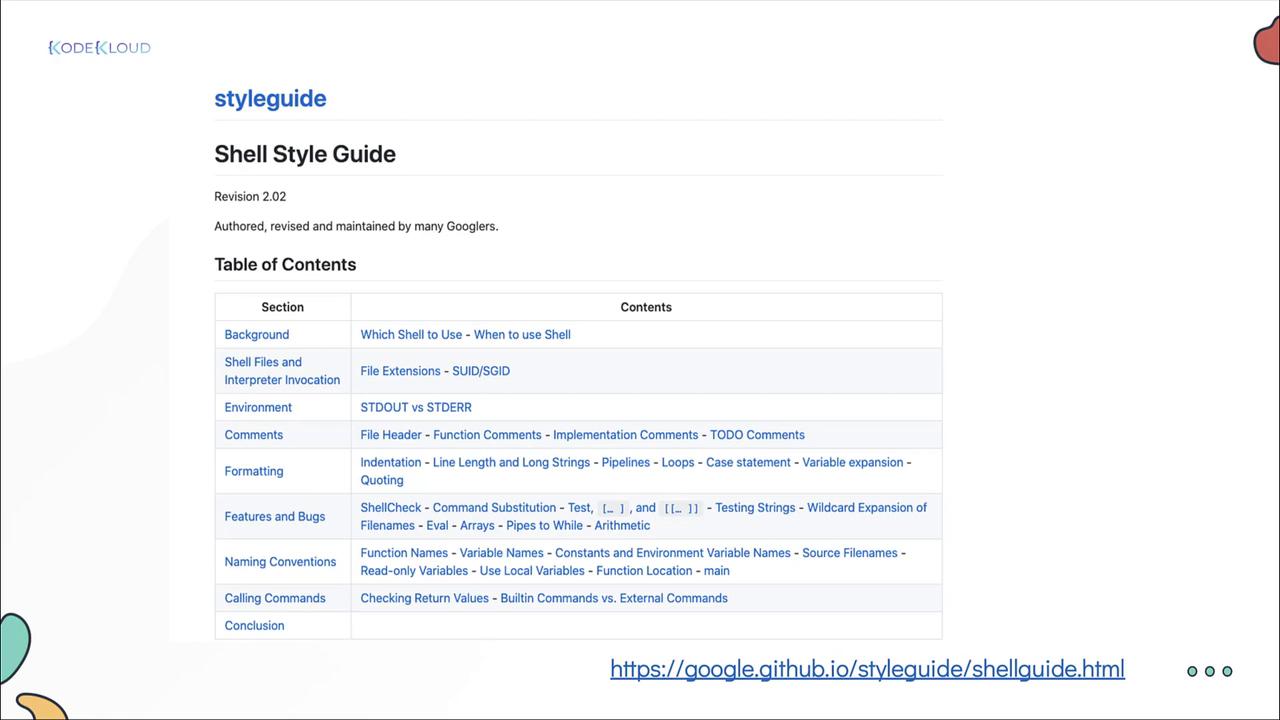 The image shows a Shell Style Guide table of contents, covering topics like environment, comments, formatting, and naming conventions, with a link to the full guide.