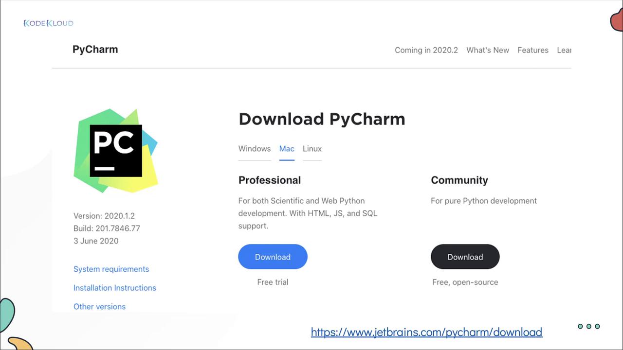 The image shows a webpage for downloading PyCharm, offering Professional and Community editions for Windows, Mac, and Linux, with version details and download links.