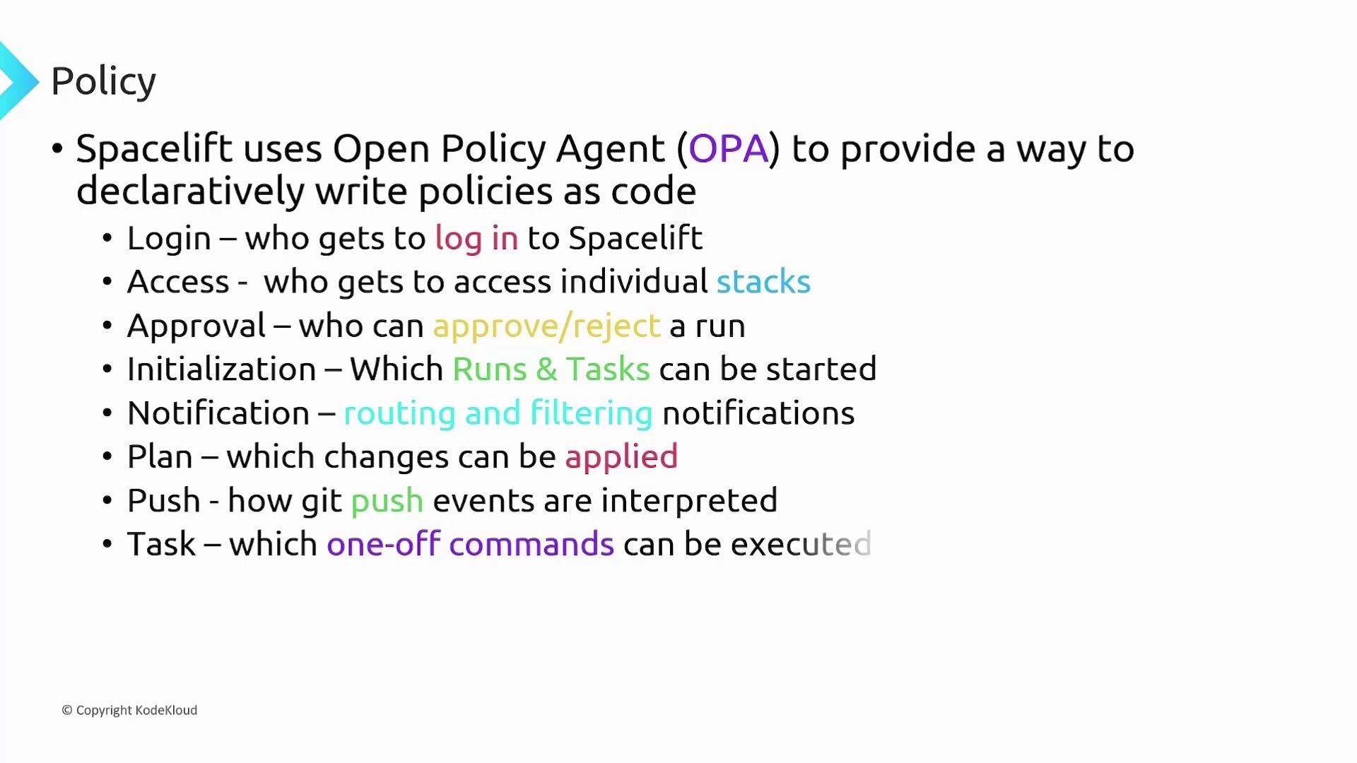 The image is a slide describing how Spacelift uses Open Policy Agent (OPA) to write policies as code, detailing various aspects like login, access, approval, and notifications.