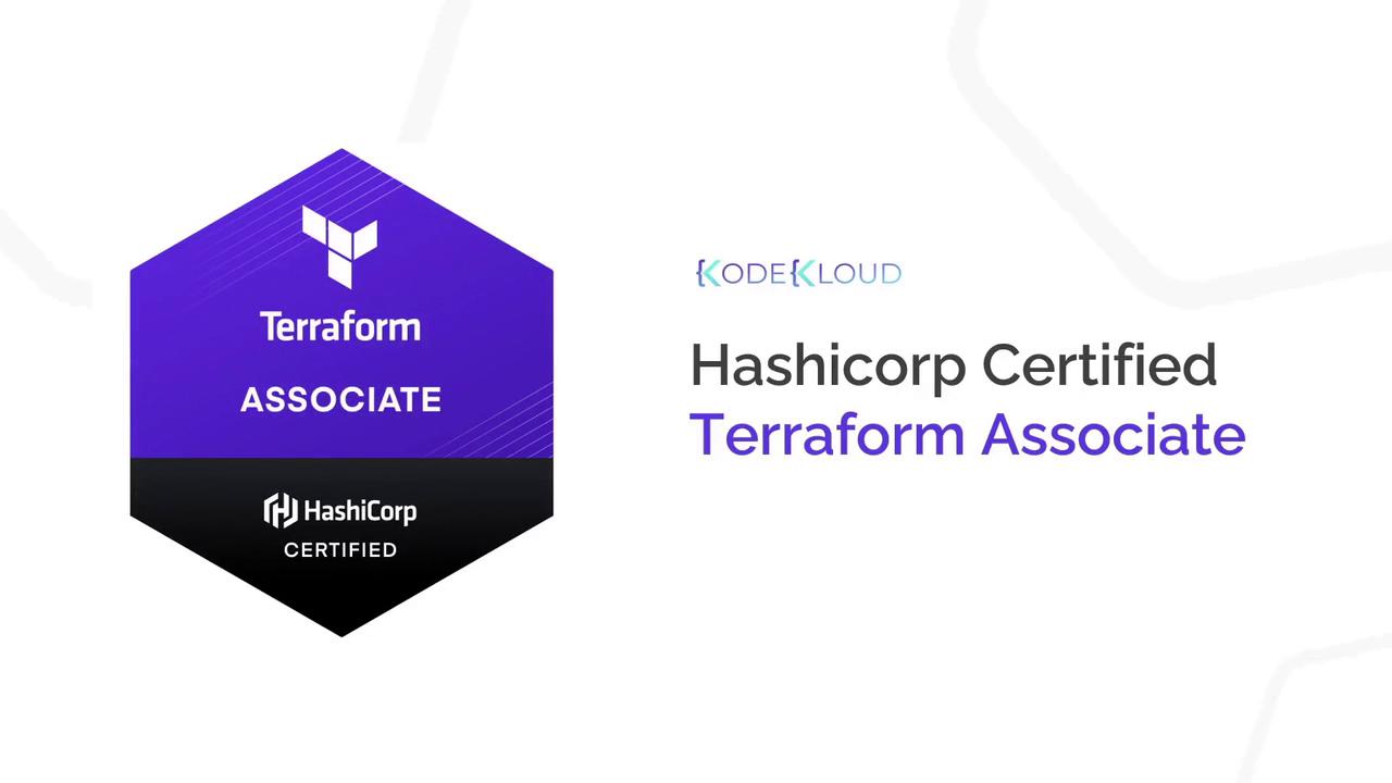 The image shows a HashiCorp Certified Terraform Associate badge, with the KodeKloud logo, indicating certification in Terraform skills.