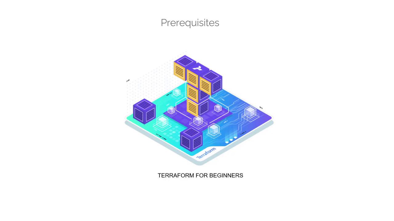 The image depicts a digital illustration of a network infrastructure with cubes, labeled "Prerequisites" and "Terraform for Beginners."