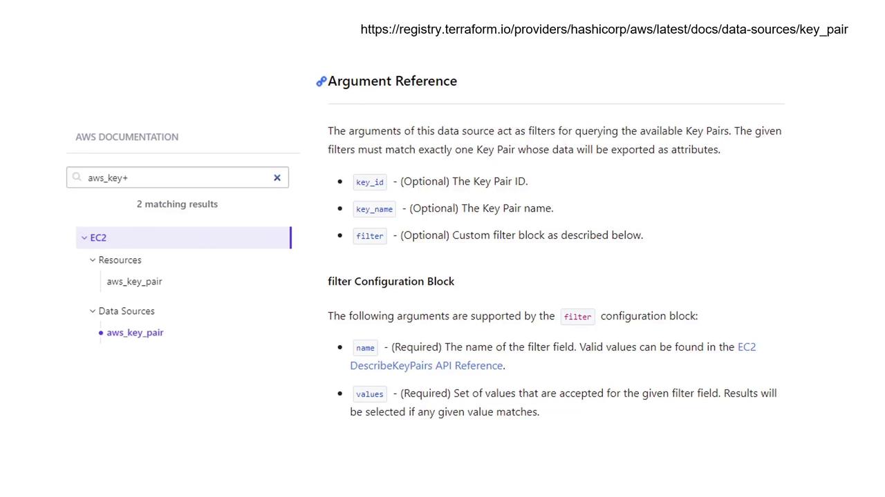 The image shows a section of AWS documentation for Terraform, detailing arguments for querying EC2 key pairs, including key_id, key_name, and filter configuration.