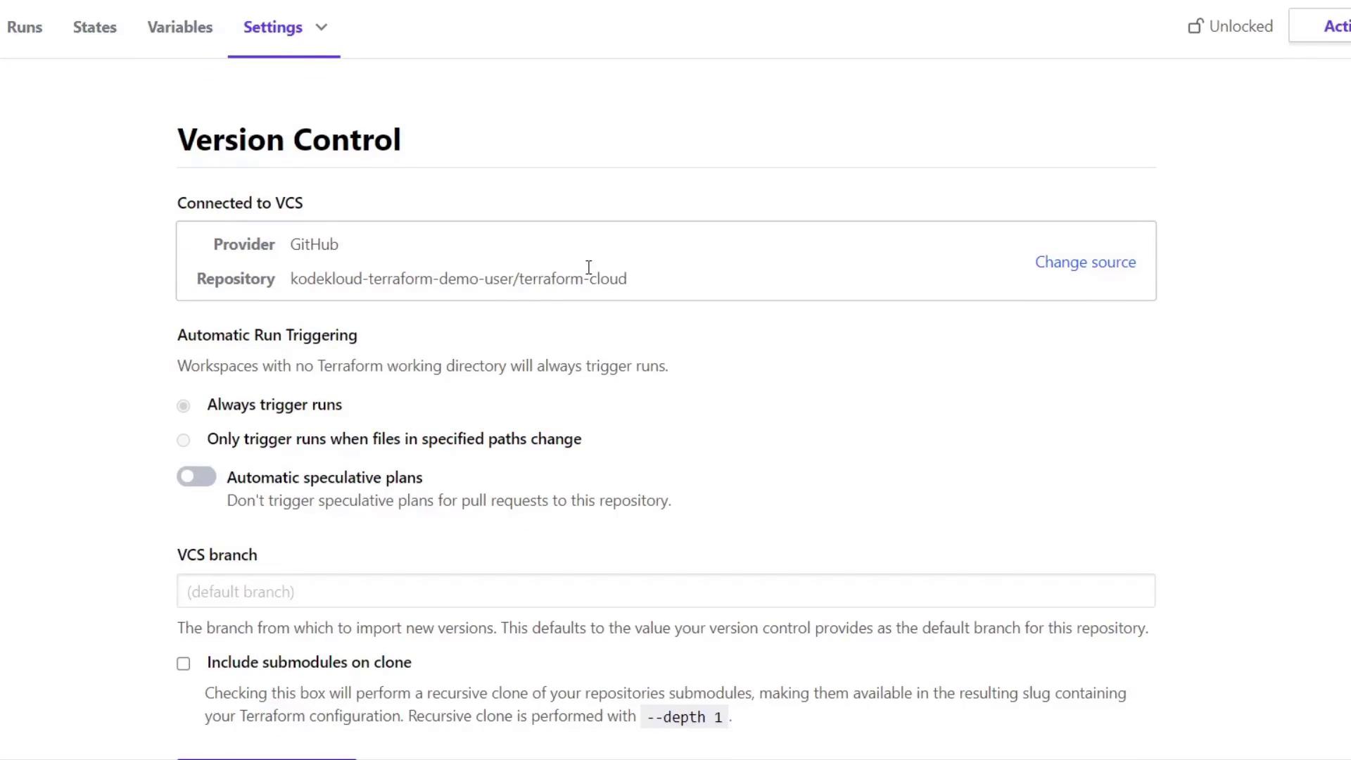 The image shows a Terraform Cloud settings page for version control, connected to a GitHub repository, with options for automatic run triggering and speculative plans.