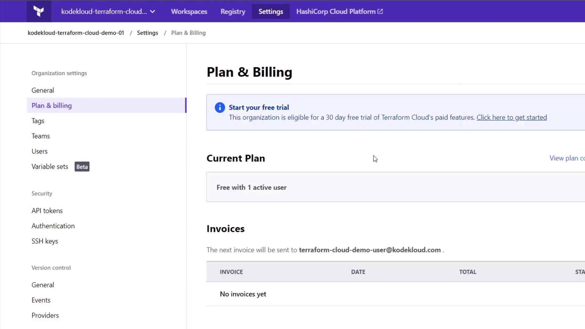 The image shows a "Plan & Billing" page for Terraform Cloud, offering a 30-day free trial and displaying a current free plan with one active user.