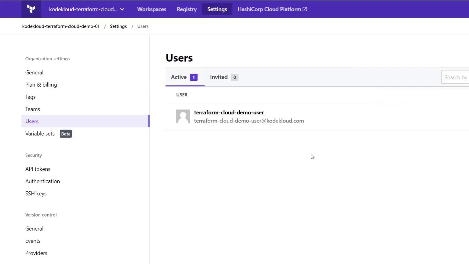 The image shows a user management interface in Terraform Cloud, displaying one active user with the email "terraform-cloud-demo-user@kodekloud.com" under the "Users" section.