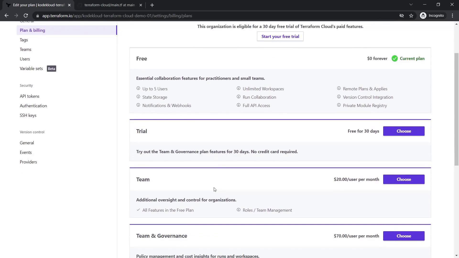 The image shows a pricing plan page for Terraform Cloud, detailing Free, Trial, Team, and Team & Governance options with features and costs.