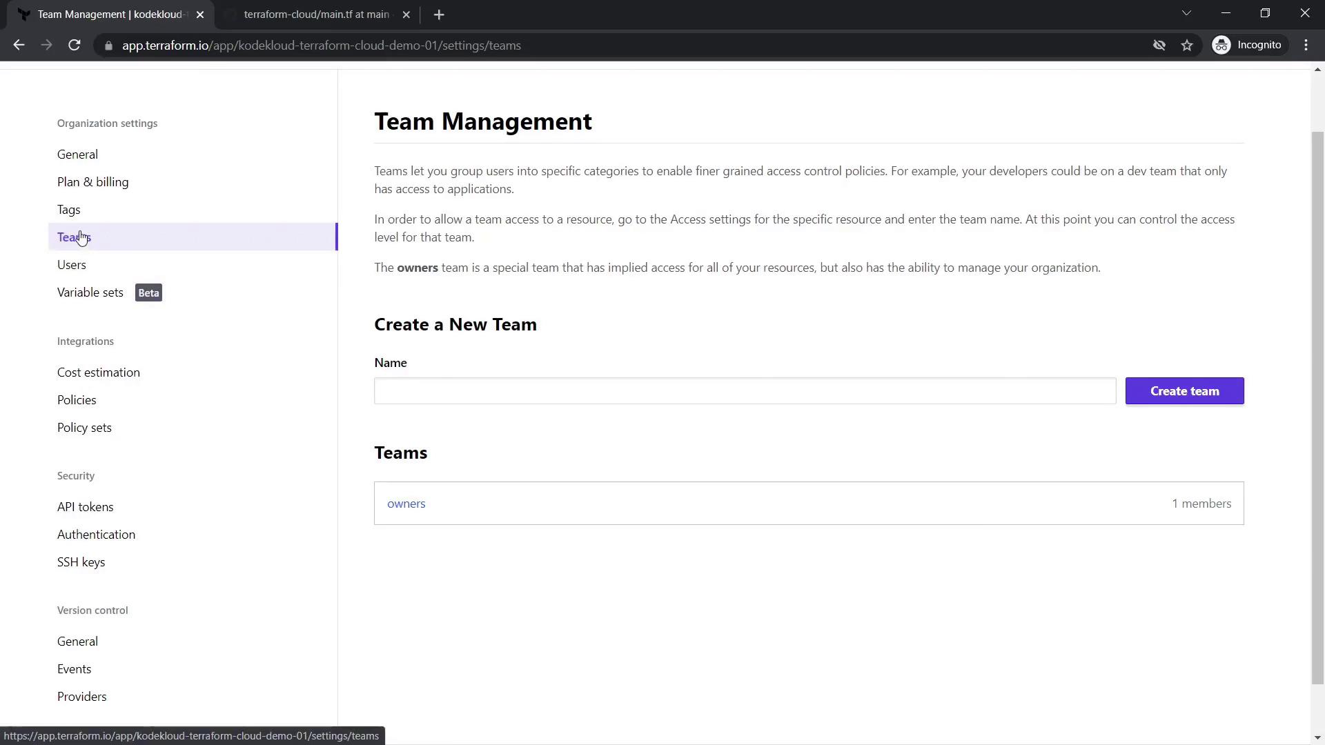 The image shows a "Team Management" page from Terraform Cloud, allowing users to create and manage teams with specific access control settings.