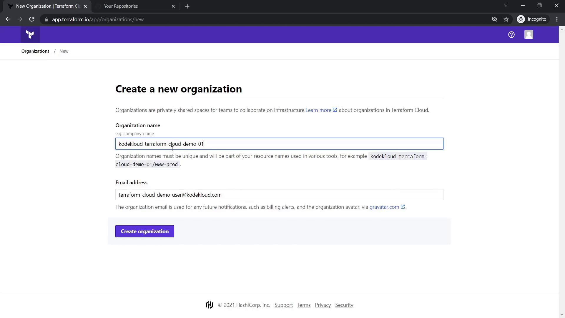 The image shows a web interface for creating a new organization in Terraform Cloud, with fields for organization name and email address.