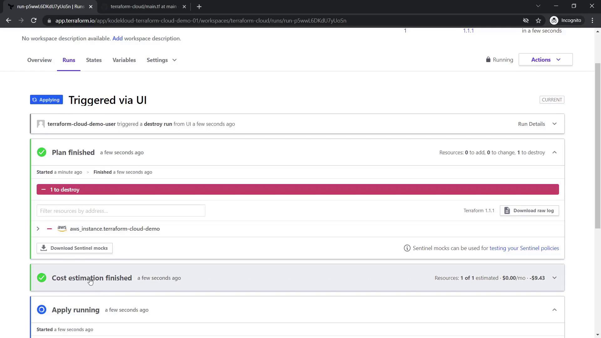 The image shows a Terraform Cloud interface with a destroy run triggered, indicating one AWS instance to be destroyed. The plan and cost estimation are finished.