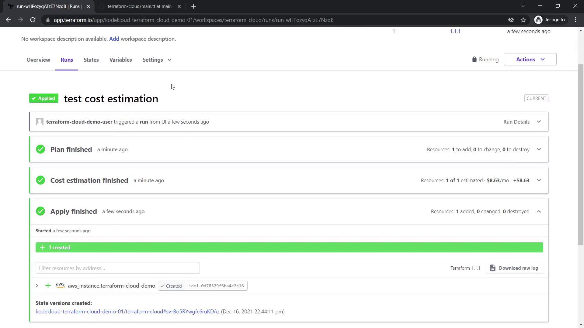 The image shows a Terraform Cloud interface with a completed run for "test cost estimation," indicating successful planning, cost estimation, and application of resources.