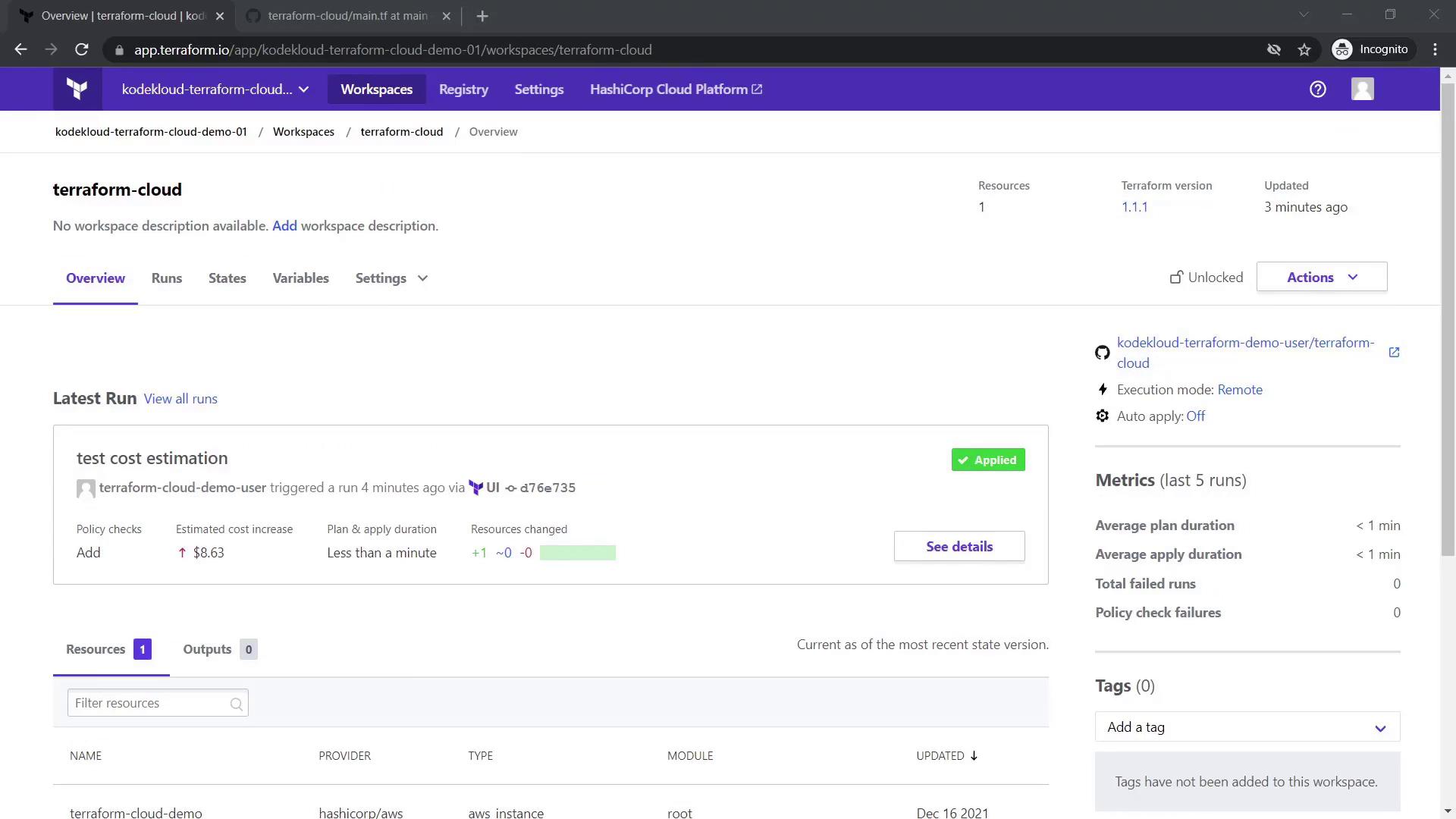 The image shows a Terraform Cloud workspace overview, displaying details of the latest run, including cost estimation, resources changed, and execution metrics.