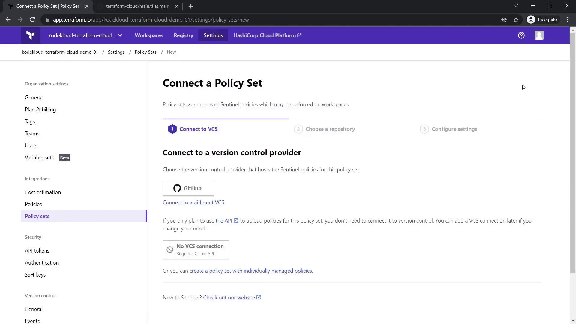 The image shows a Terraform Cloud interface for connecting a policy set to a version control provider, with options for GitHub and other VCS connections.