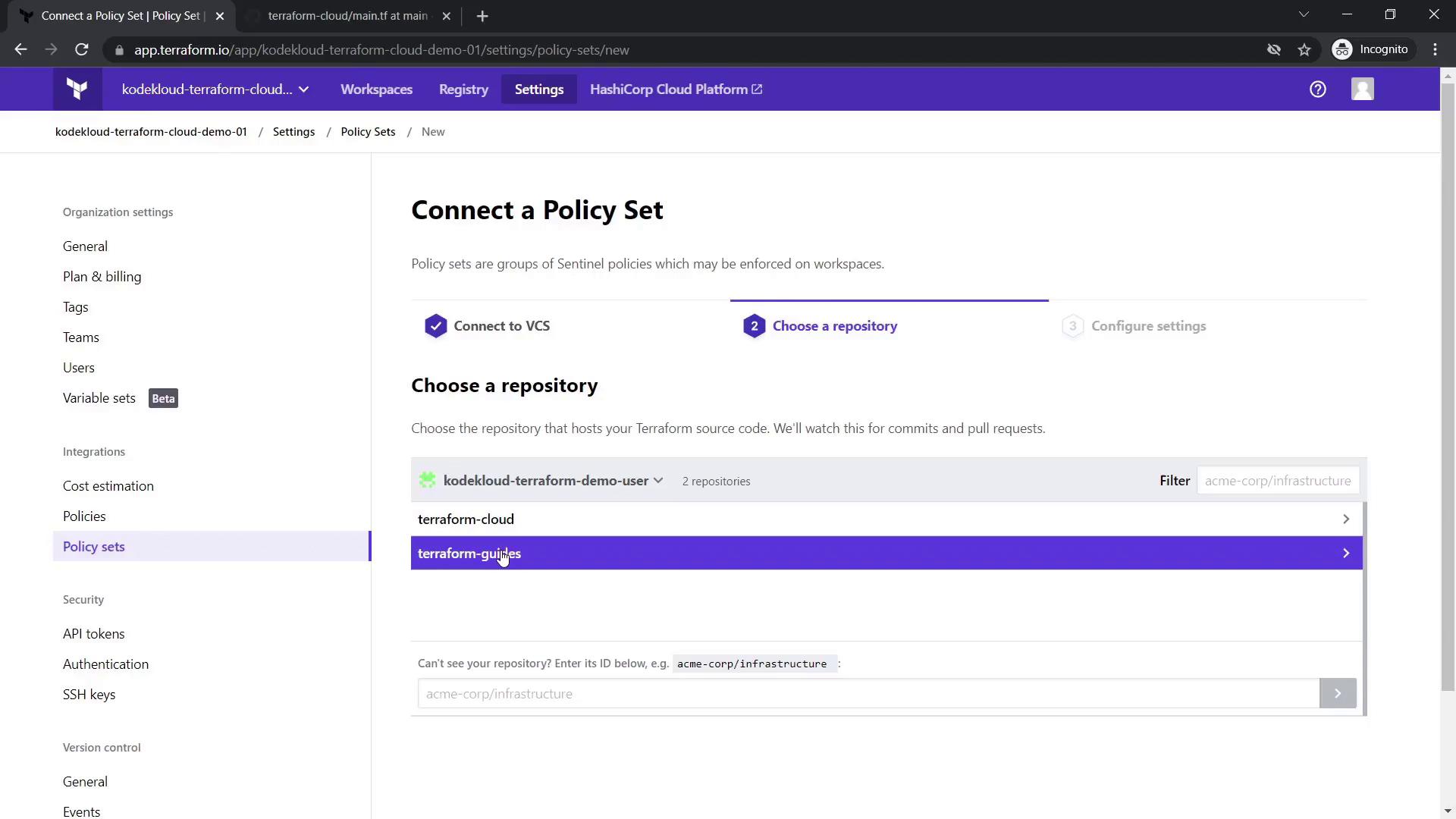 The image shows a Terraform Cloud interface for connecting a policy set, allowing users to choose a repository for hosting Terraform source code.