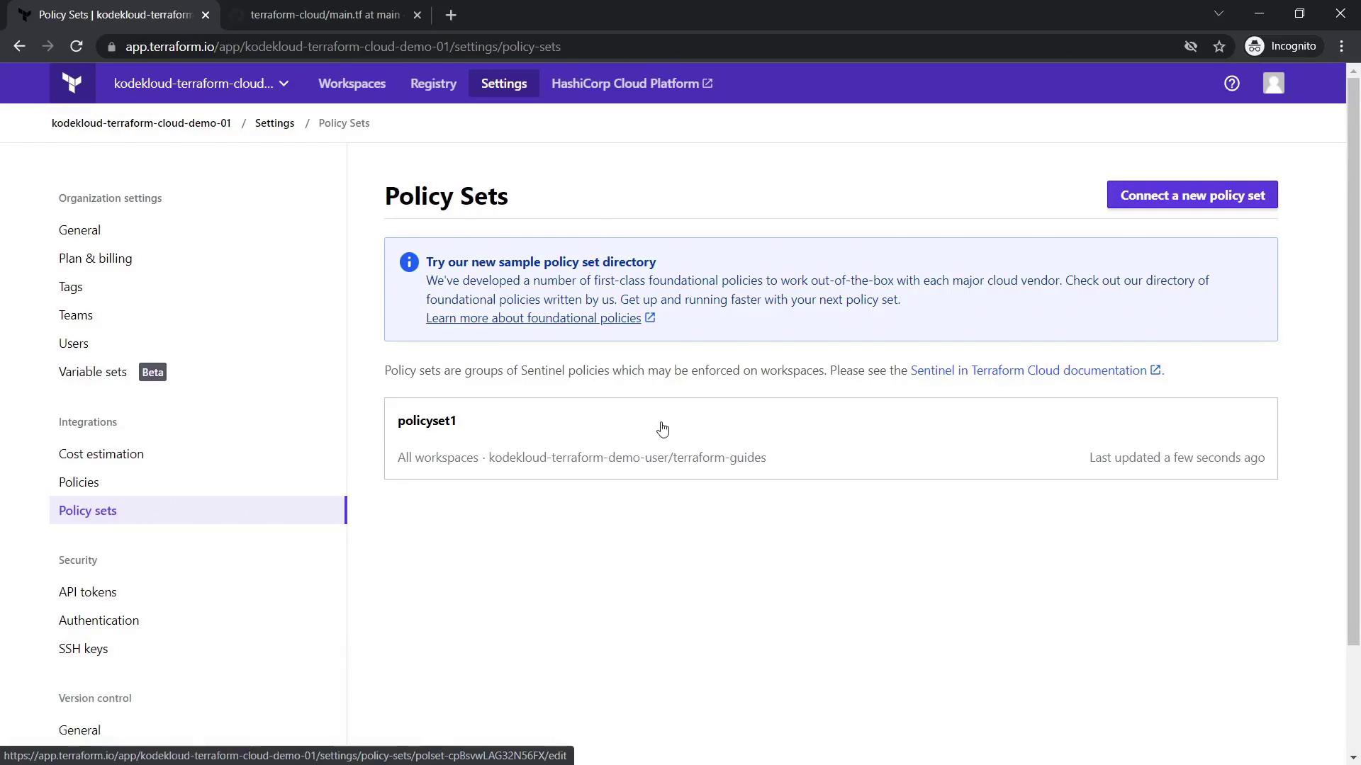 The image shows the "Policy Sets" page in Terraform Cloud, displaying a policy set named "policyset1" with options for managing Sentinel policies.