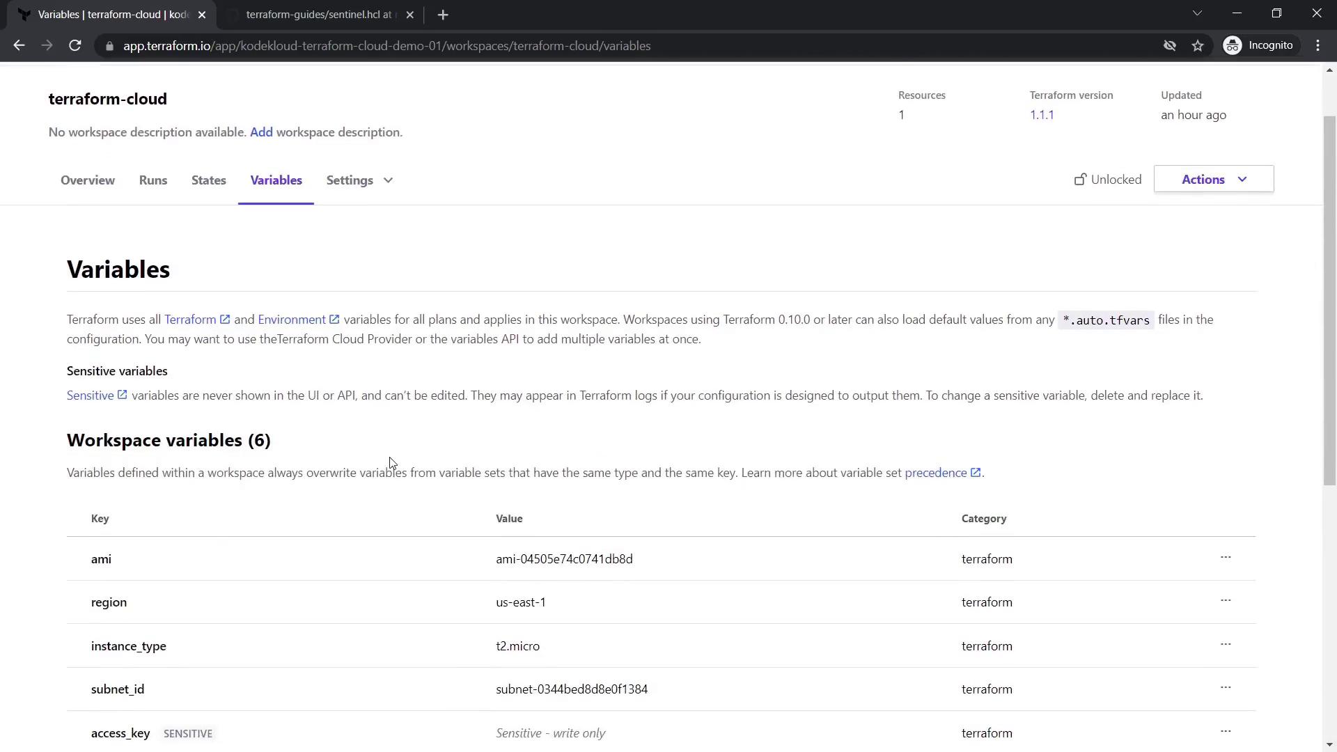 The image shows a Terraform Cloud interface displaying workspace variables, including keys like "ami," "region," and "instance_type," with some marked as sensitive.