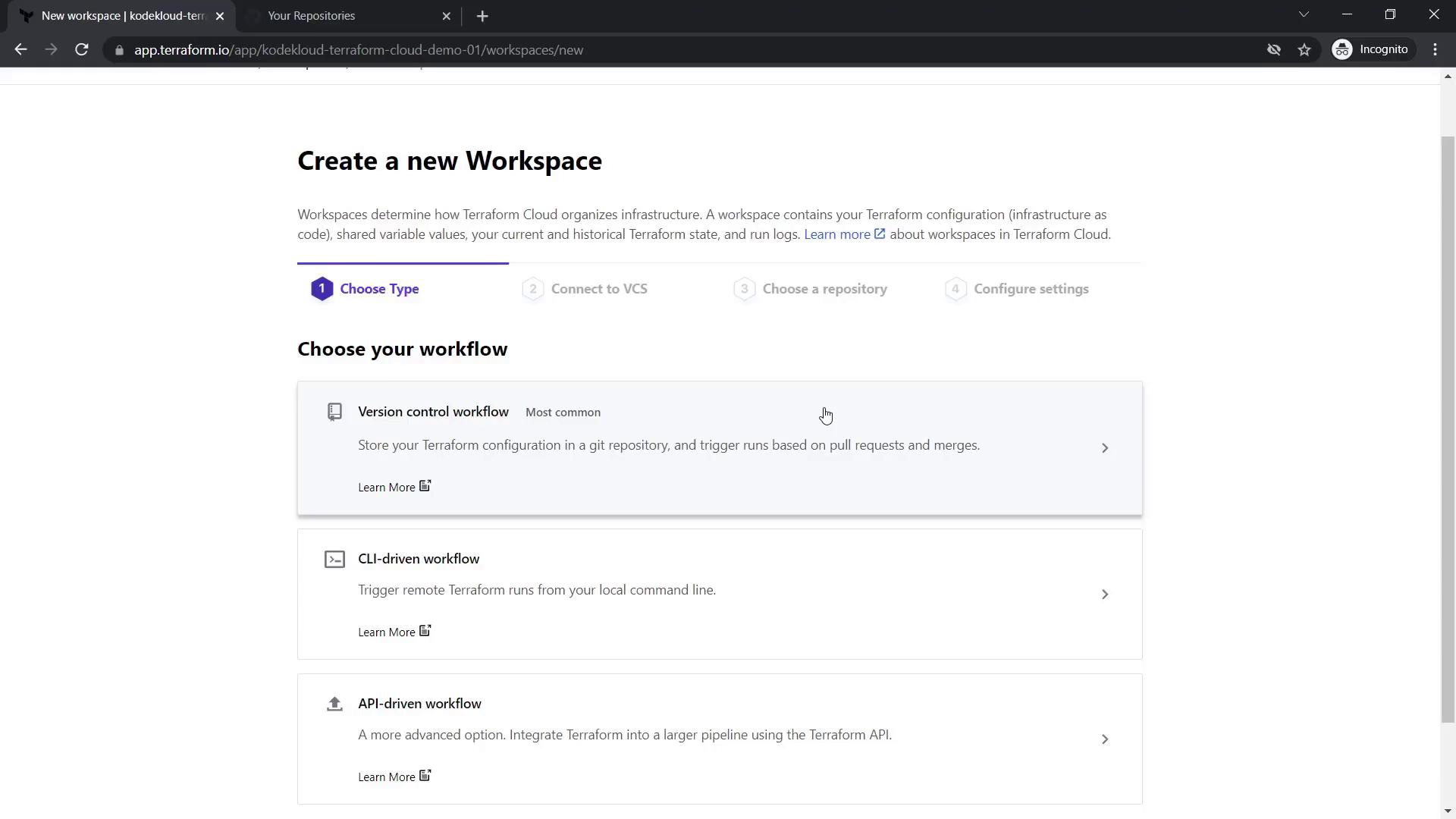 The image shows a Terraform Cloud interface for creating a new workspace, offering workflow options like version control, CLI-driven, and API-driven workflows.