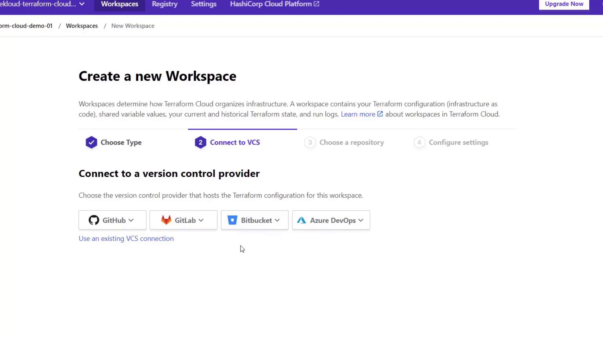 The image shows a Terraform Cloud interface for creating a new workspace, with options to connect to version control providers like GitHub, GitLab, Bitbucket, and Azure DevOps.