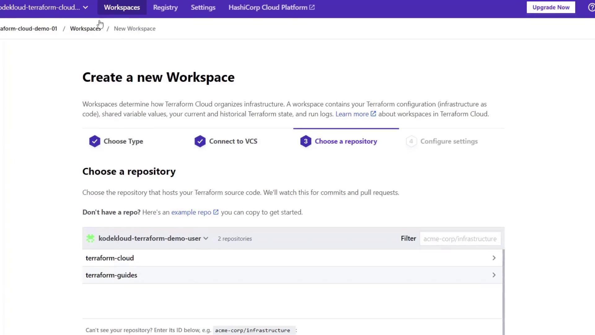 The image shows a Terraform Cloud interface for creating a new workspace, with options to choose a repository and connect to version control.