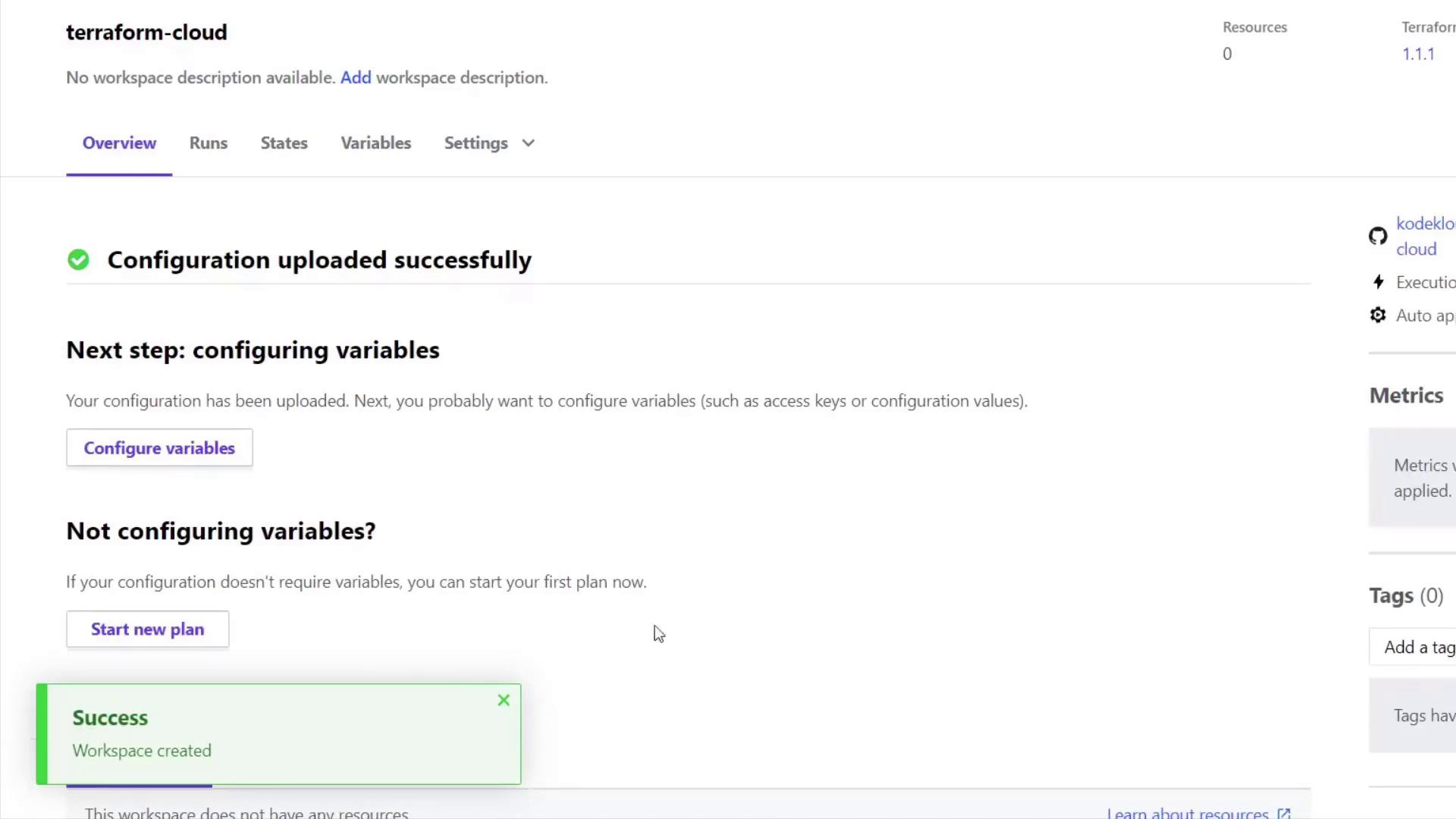 The image shows a Terraform Cloud interface indicating successful configuration upload and workspace creation, with options to configure variables or start a new plan.
