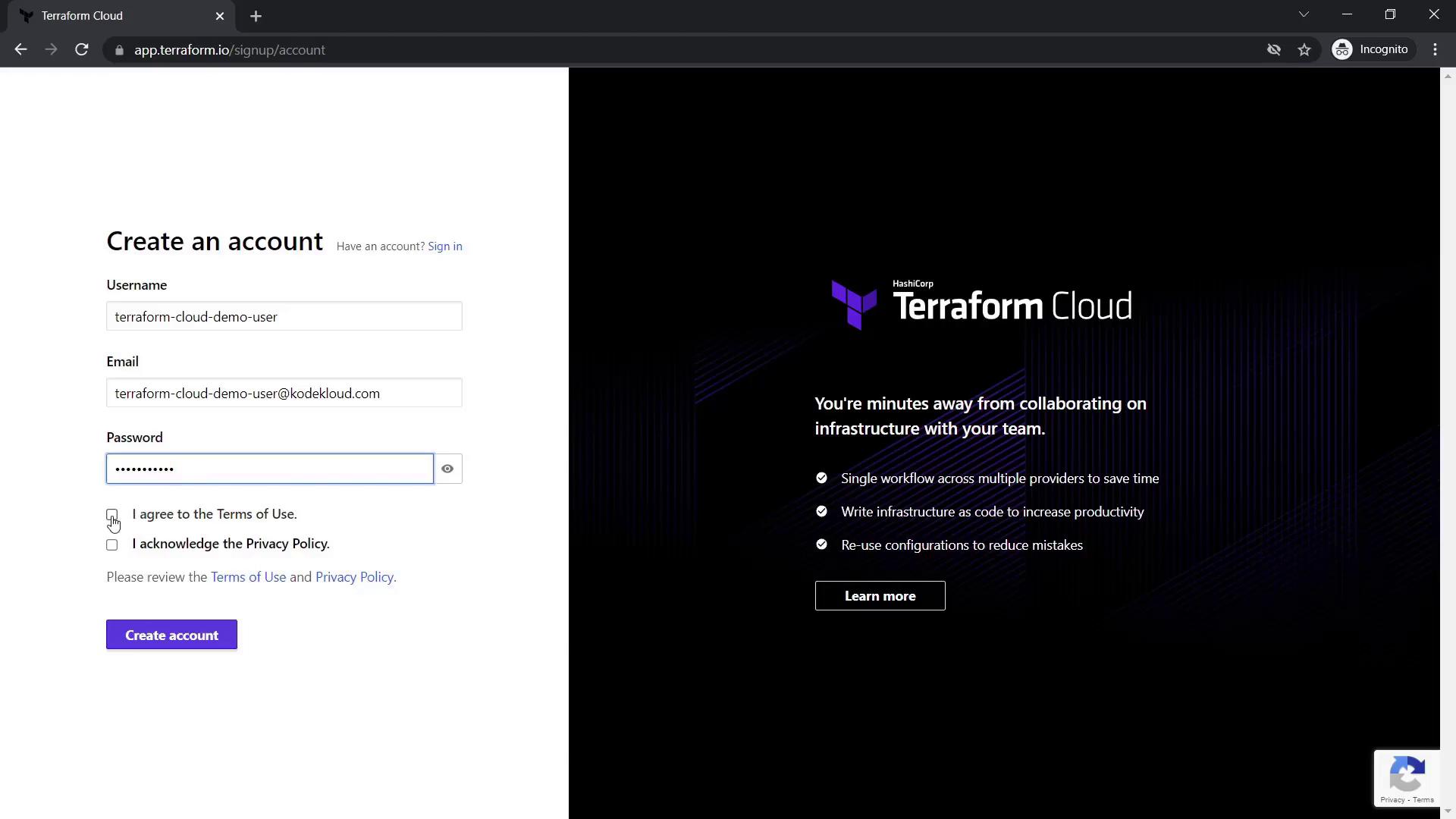 The image shows a Terraform Cloud account creation page with fields for username, email, and password, alongside features and benefits of using Terraform Cloud.
