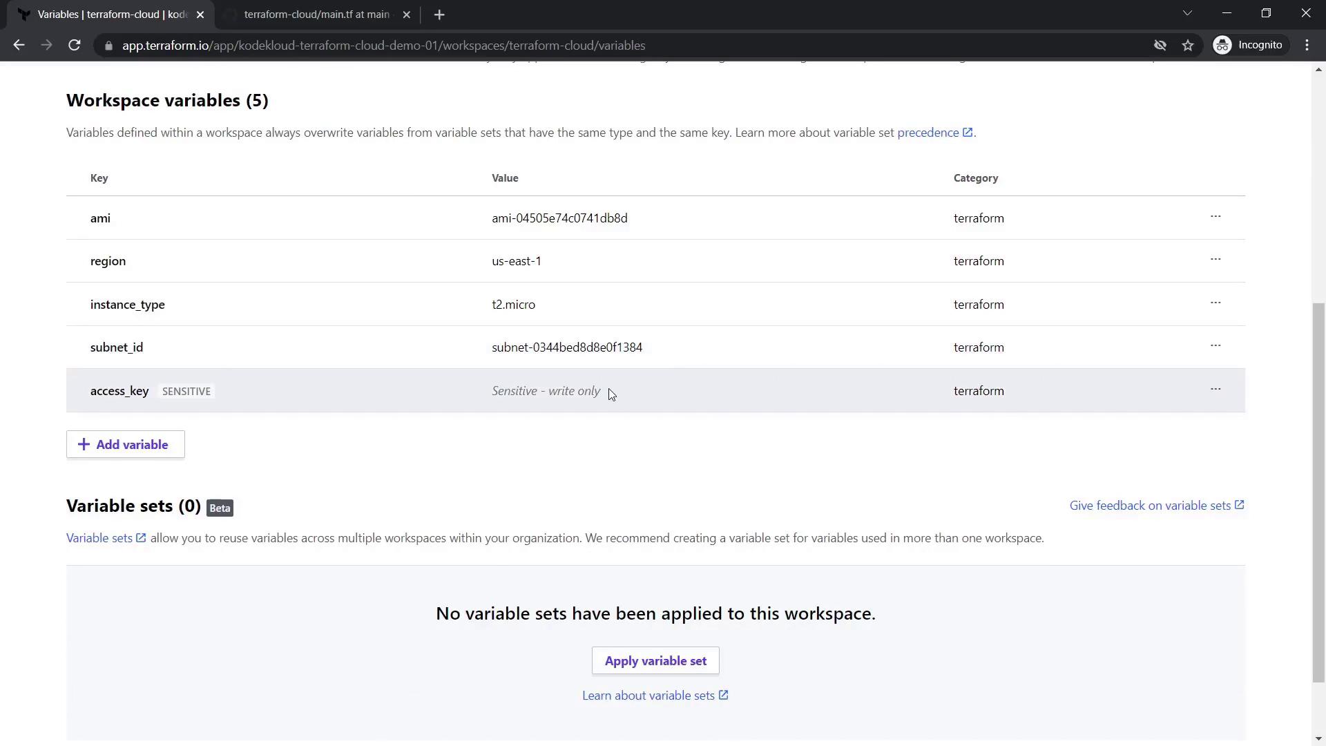 The image shows a Terraform Cloud workspace variables page with five variables listed, including "ami," "region," "instance_type," "subnet_id," and a sensitive "access_key."