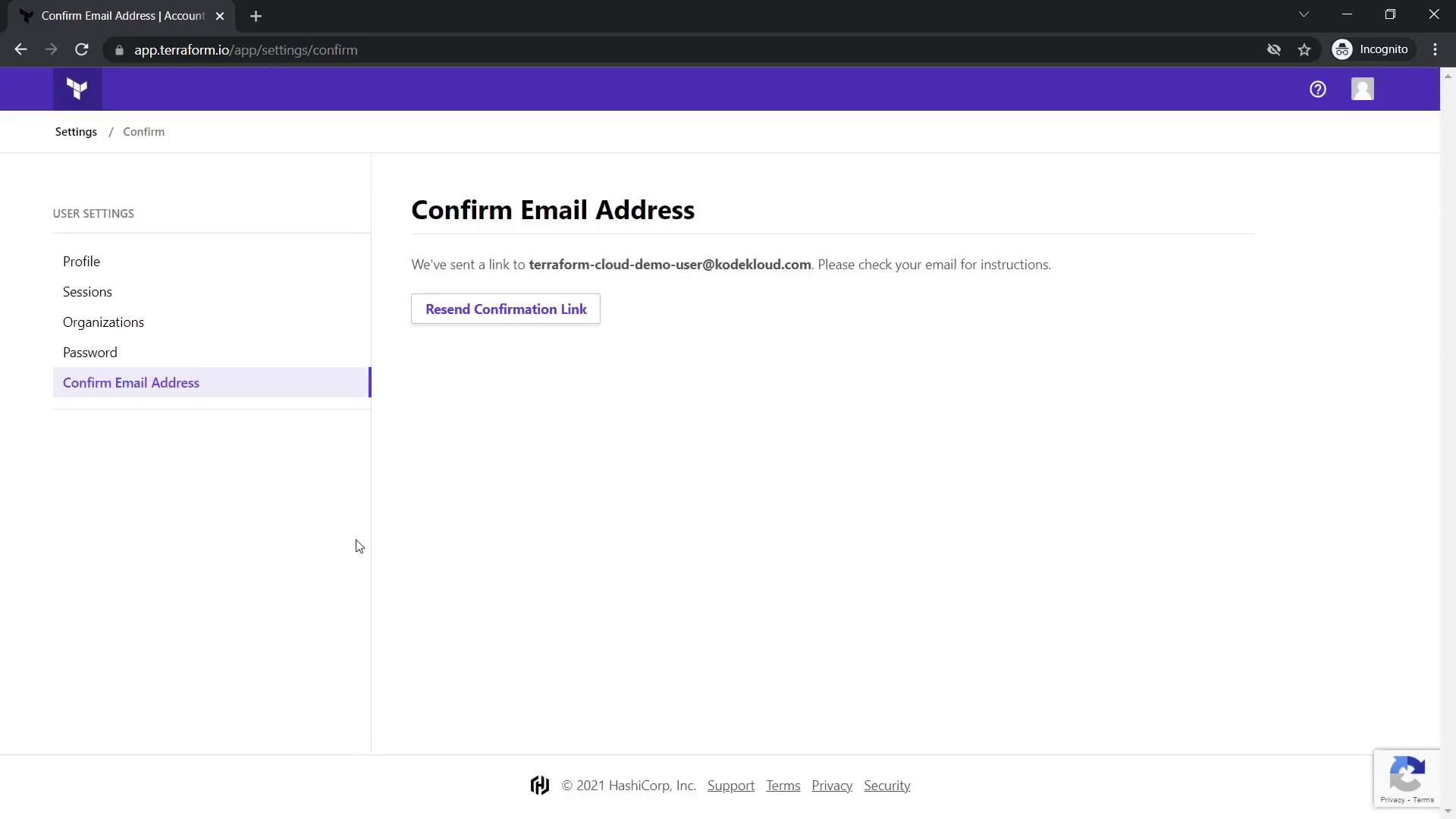 The image shows a web page for confirming an email address on Terraform's platform, with options to resend the confirmation link.