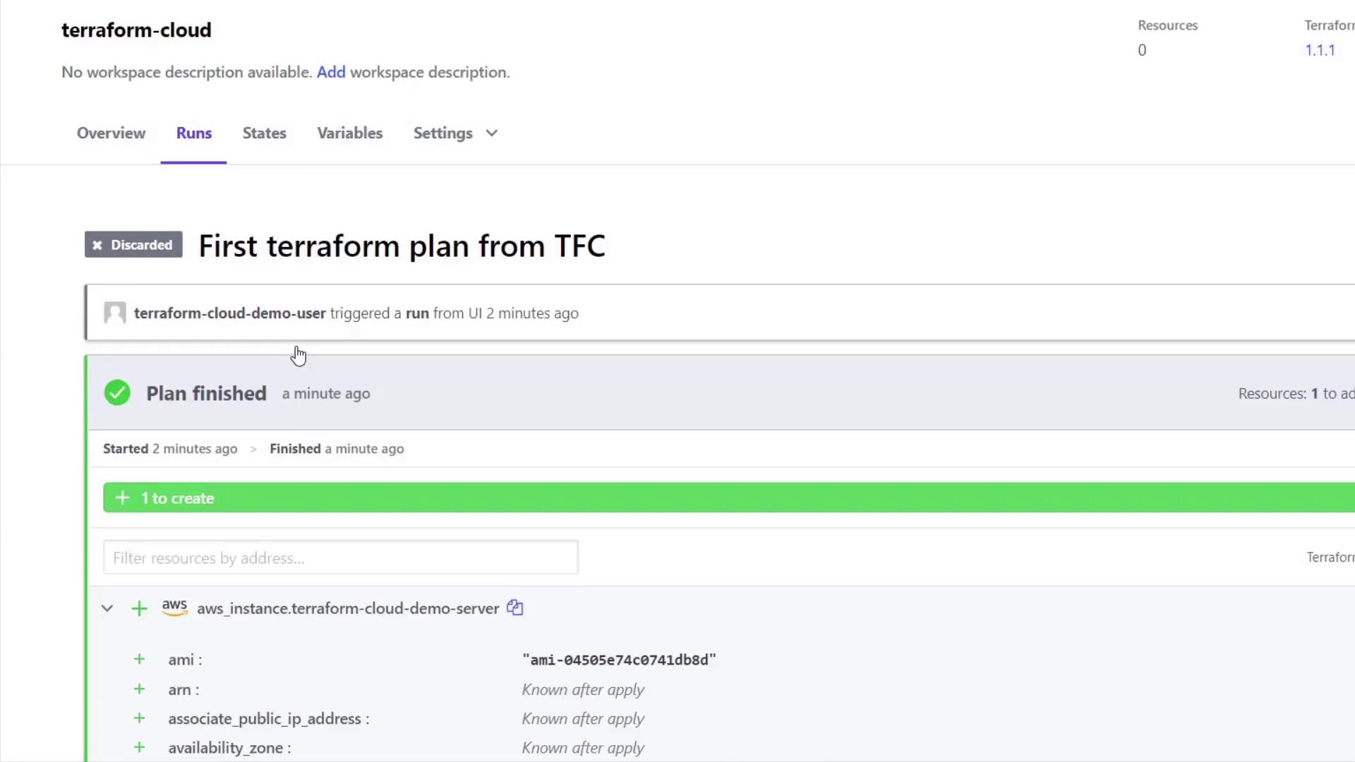 The image shows a Terraform Cloud interface with a completed plan for creating an AWS instance, triggered by a user, indicating successful resource creation.
