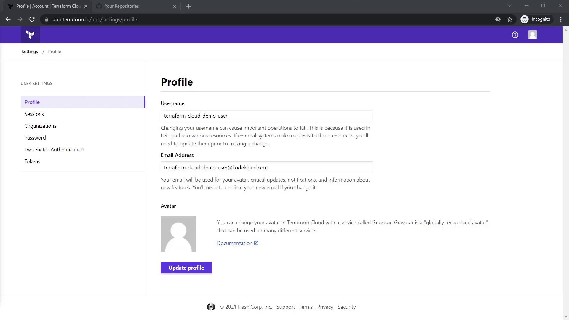 The image shows a Terraform Cloud profile settings page, displaying options for username, email address, and avatar, with navigation links for user settings.