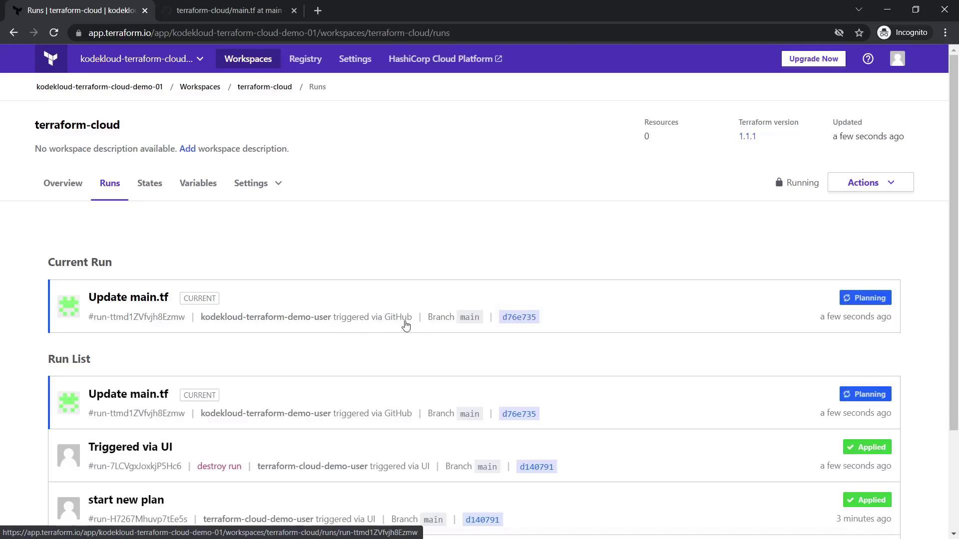 The image shows a Terraform Cloud workspace interface displaying current and past runs, with details like branch, status, and trigger source.