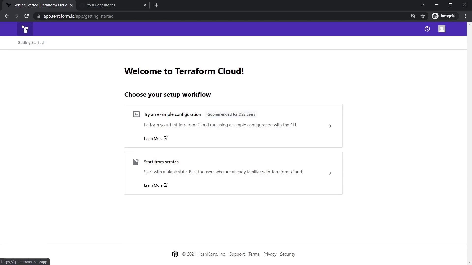 The image shows a "Welcome to Terraform Cloud" page offering setup workflow options: "Try an example configuration" and "Start from scratch."